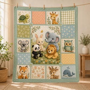 May include: A quilted baby blanket featuring a central panel with a cartoon elephant, lion, panda, and rabbit surrounded by smaller squares displaying a turtle, giraffe, koala, owl, fox, deer, and whale in soft pastel colors with floral and geometric patterns.