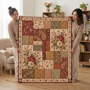 Op de afbeelding: Een rechthoekige patchwork quilt met een verscheidenheid aan stoffen vierkanten in tinten rood, groen en crème. Het ontwerp bevat bloemmotieven, paisley-patronen en ruitjes, allemaal omrand door een bloemenrand in donkerrood en crème.