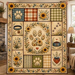 May include: A rectangular quilt featuring a central large paw print surrounded by a floral wreath of sunflowers and daisies. The quilt is composed of various panels displaying paw prints, plaid patterns, a dog collar, and a food bowl.
