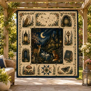 May include: A rectangular quilt featuring a central night scene of a forest cottage, a deer, a fox, and swans under a crescent moon. The border contains panels with an owl, a lantern, a key, a book, a mushroom, a star, and a butterfly.