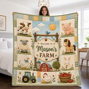 May include: A quilted blanket featuring a central sign that reads Welcome to Mason's Farm, surrounded by illustrations of a cow, sheep, duck, pig, horse, rabbit, chicken, tractor, and a basket of apples, all framed by a green and yellow plaid border.