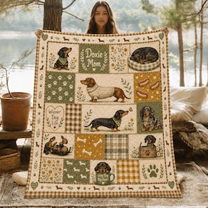 Deken met teckelprint, patchwork deken met Doxie Mom-print, bedsprei met wienerhondenprint