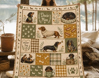 Dachshund Quilt Blanket, Doxie Mom Patchwork Throw, Wiener Dog Life Bedspread