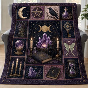 May include: A quilted throw blanket featuring a dark purple and black celestial theme. The design includes a central black cat, purple crystals, a spellbook, candles, a moon, a raven, a key, a moth, and an hourglass, all arranged in a grid.