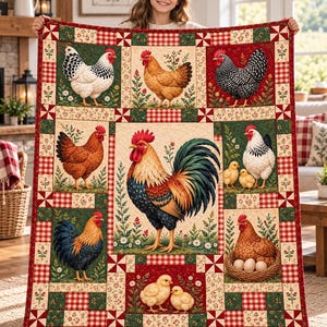 May include: A rectangular quilt featuring a central large rooster surrounded by smaller panels of chickens, hens, and chicks. The design includes red and green borders with a checkered pattern, floral accents, and a nest with three white eggs.