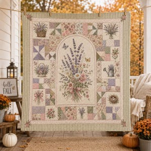 May include: A rectangular quilt featuring a central arched panel with a bouquet of lavender and daisies, surrounded by patchwork squares of floral and gingham patterns in soft pastel tones, finished with a striped green and white border.