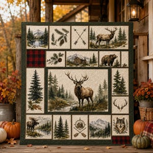 Peut inclure: Une courtepointe rectangulaire au design patchwork présentant diverses illustrations sur le thème de la nature, notamment un grand élan central, un ours, un orignal, un loup, des pins, des montagnes, un chalet, des flèches croisées et des motifs à carreaux rouges et noirs.