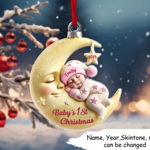 Personalisierte Babys erste Weihnachtsverzierung - Mond & Stern Schlafen Design