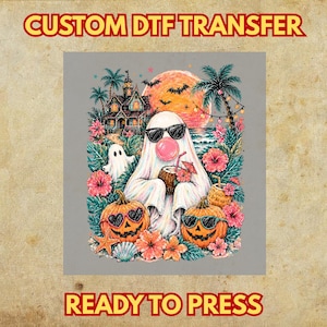 May include: A custom DTF transfer ready to press featuring a ghost wearing sunglasses and blowing a pink bubble, holding a coconut drink. The scene includes two jack-o'-lanterns with sunglasses, a haunted house, palm trees, and hibiscus flowers.