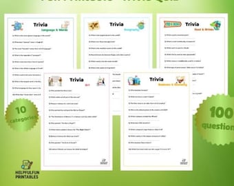 100 domande di cultura generale con risposte, 10 categorie parte 2 | Quiz da pub stampabile | Download digitale | Lavoro, festa, vacanza, serata di giochi in famiglia