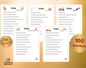 100 domande di cultura generale con risposte, 10 categorie parte 1 | Quiz da pub stampabile | Download digitale | Lavoro, festa, vacanza, serata di giochi in famiglia