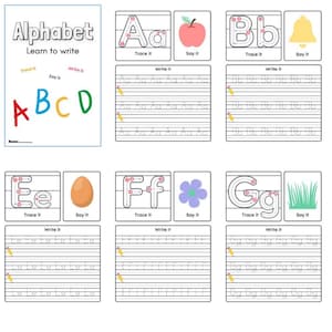 Op de afbeelding: Een set werkbladen voor het traceren van het alfabet voor kinderen. De werkbladen bevatten hoofdletters en kleine letters, met bijbehorende afbeeldingen en schrijflijnen. De omslagpagina luidt "Alphabet Learn to write" met kleurrijke letters.