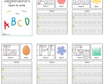 Schede di lavoro per bambini con l'alfabeto - Quaderno di esercizi digitale per l'alfabeto | Stampabile per la scuola materna e l'asilo. Impara a scrivere le lettere