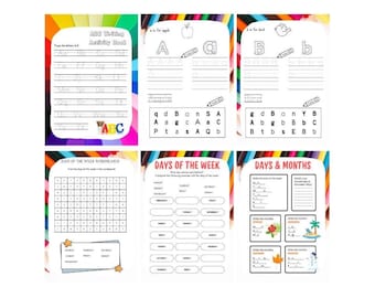Libro di attività di scrittura ABC stampabile per bambini - 34 pagine, età 7-9, divertente da ricalcare. Impara le lettere dalla A alla Z, i giorni della settimana e i mesi dell'anno.
