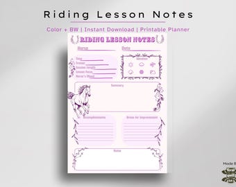 Planificador de notas de equitación imprimible / Página A4 con notas de equitación / Hoja de planificación de lecciones de equitación de descarga instantánea / PDF de entrenamiento de caballos