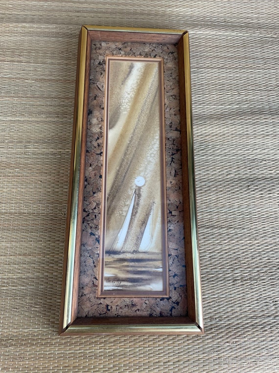 Original Watercolor Painting By Jan Kelley Sailboat Boat ART 1970’s Cork Frame