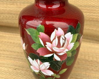 7 1/2” Japanese Cloisonne Enamel Pigeon Blood Red w/Floral Design Vase Ginbari