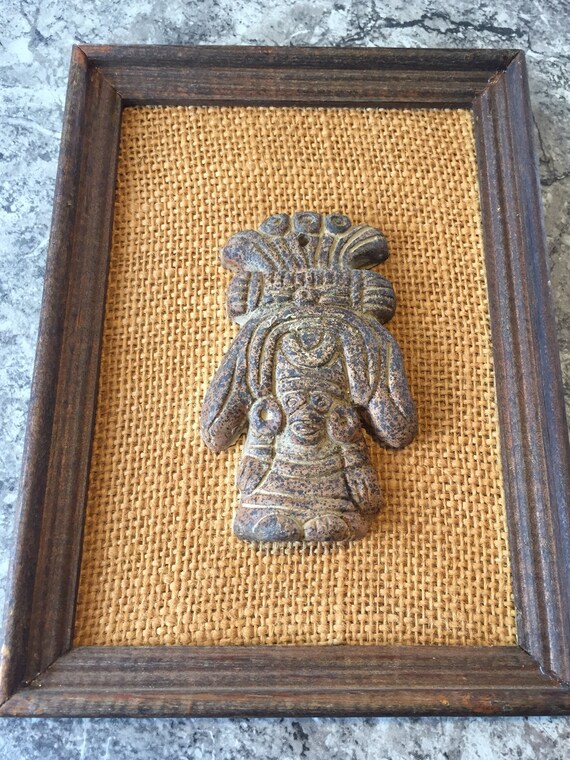 Vintage Mexican Aztec Myan Pottery Figure Framed Colombian ART Folk b