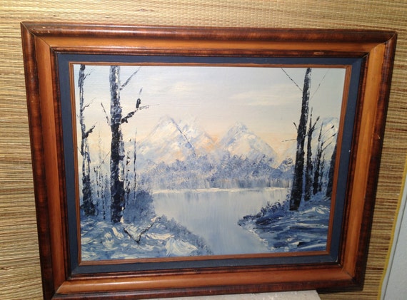 Vintage 1980's Original Palette Oil Painting by Sara Lott Winter Blue Mountains