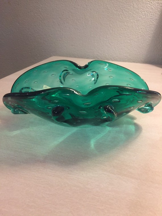 Vintage Murano Bubble Art Glass Bowl Green Biomorphic Italy Italian Mid-Century