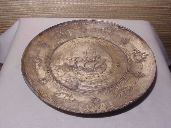 Antique Silver Repousse SHIP Footed Platter Bowl MWC Co. M.W. Carr Boston MA 635