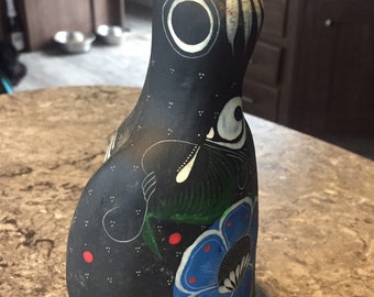 Rare Vintage Mexican Black Pottery Penguin Sculpture signed A.Z. Hand painted Mexico bird