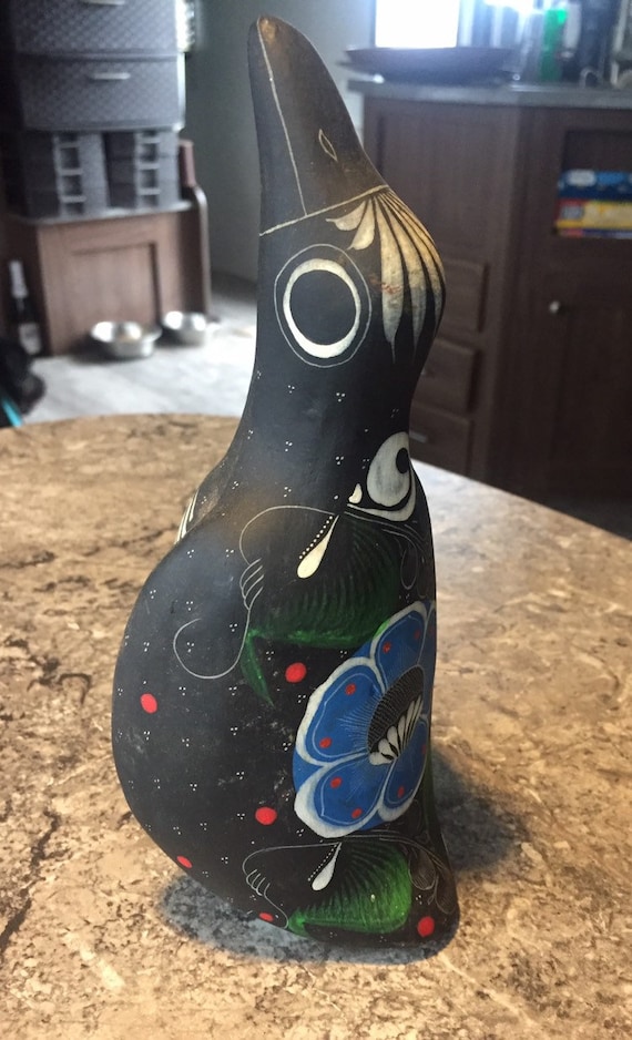 Rare Vintage Mexican Black Pottery Penguin Sculpture signed A.Z. Hand painted Mexico bird