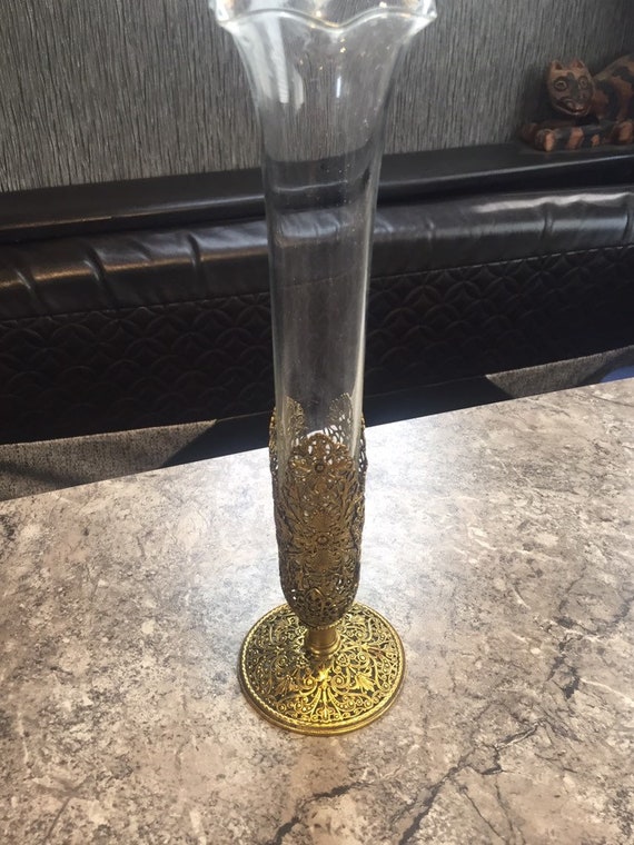 Vintage Hollywood Regency Gold Gilt ormolu Filigree & Glass Bud Vase