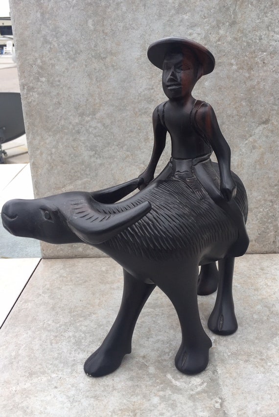 Vintage Hand Carved Asian Ironwood Wooden Chinese Man Water Buffalo Sculpture ART