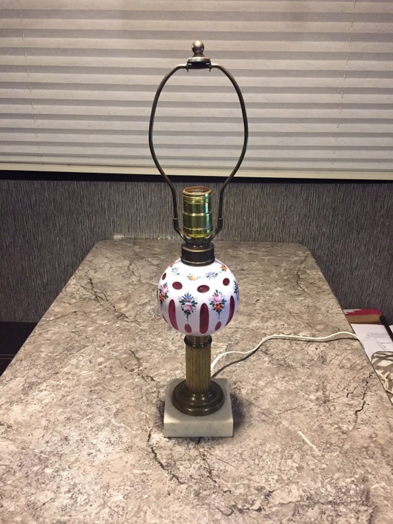 Vintage Czech / Bohemian Cranberry glass floral enamel Parlor Lamp Marble Brass