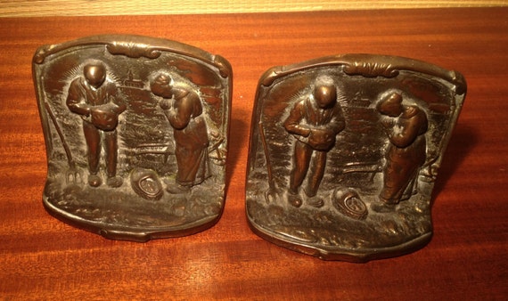 Early Vintage Cast Iron Praying Farmer Bookends Prayer for Crops Bronze Finish