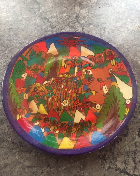 Vintage Latin America Pottery Plate Wall Decor Mexico or Peru Folk Art