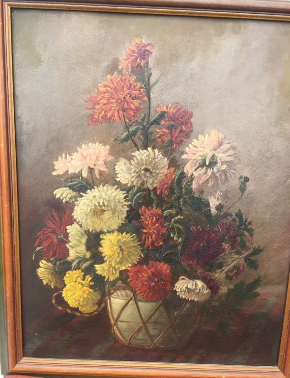 Vintage Oil Painting on Board Framed FLORAL Signed ART Flowers