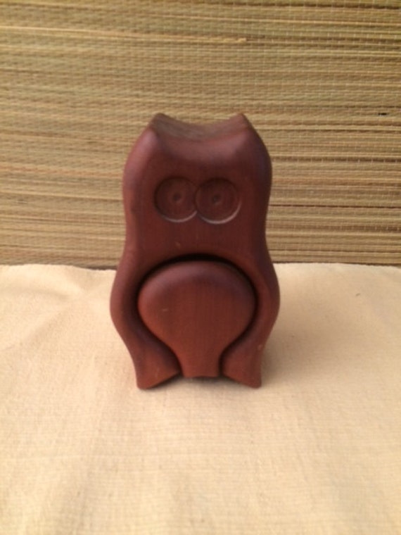 Vintage OWL Wood Puzzle Trinket Box Mid-Century Danish Modern hand made REDWOOD