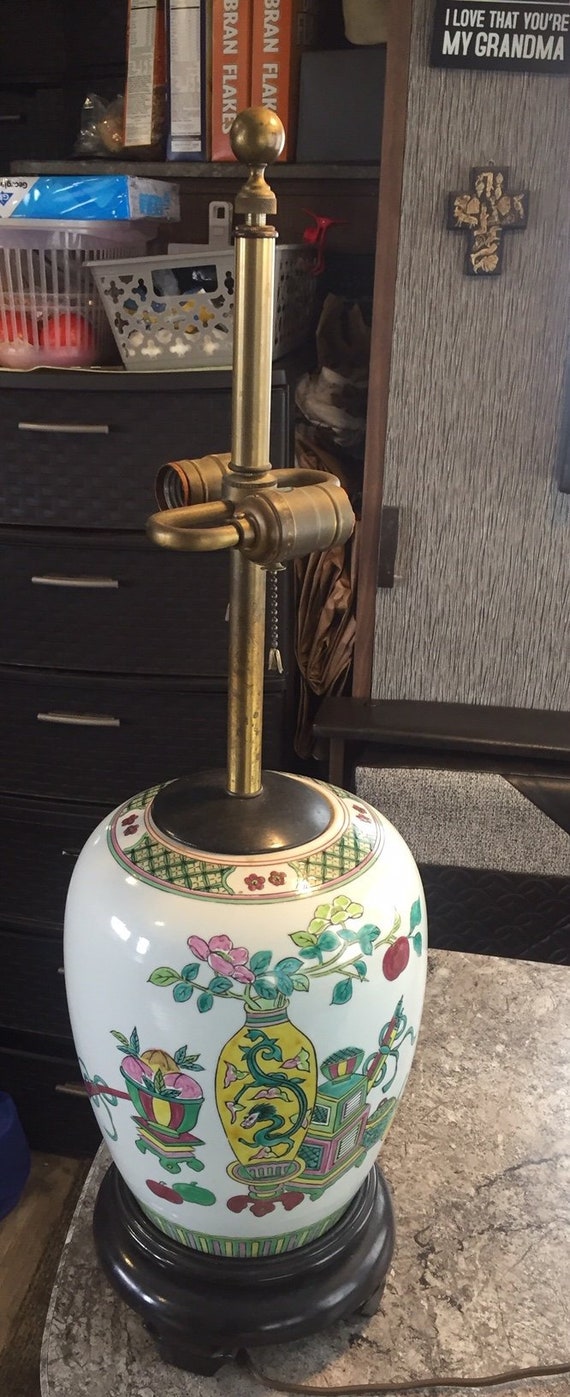 Vintage Chinese Pottery Lamp Art Brass Yellow Green Ceramic Wood base
