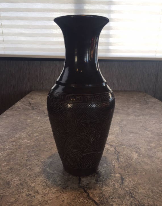 Vintage Black Art Pottery Vase Chinese Asian Dragon Greek Key
