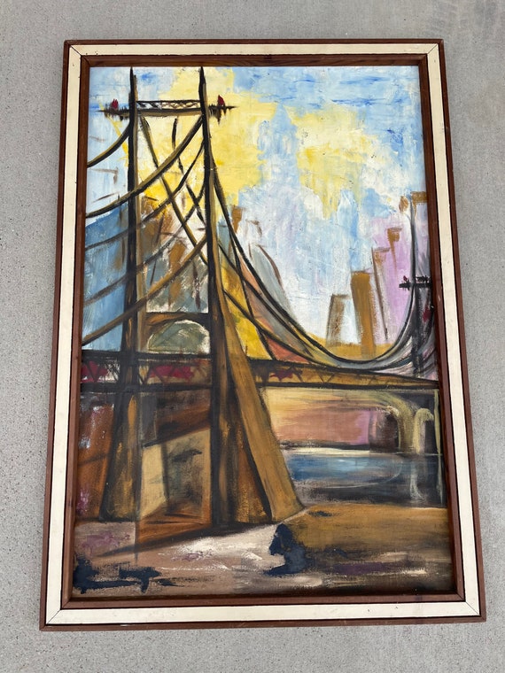 Vintage Mid-century Modern Painting Cityscape bridge 1970’s Art Framed