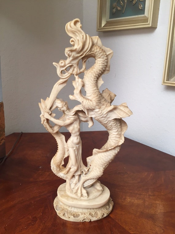 Vintage Asian DRAGON Slayer Sculpture Faux Ivory resin ART Chinese Oriental Figurine b