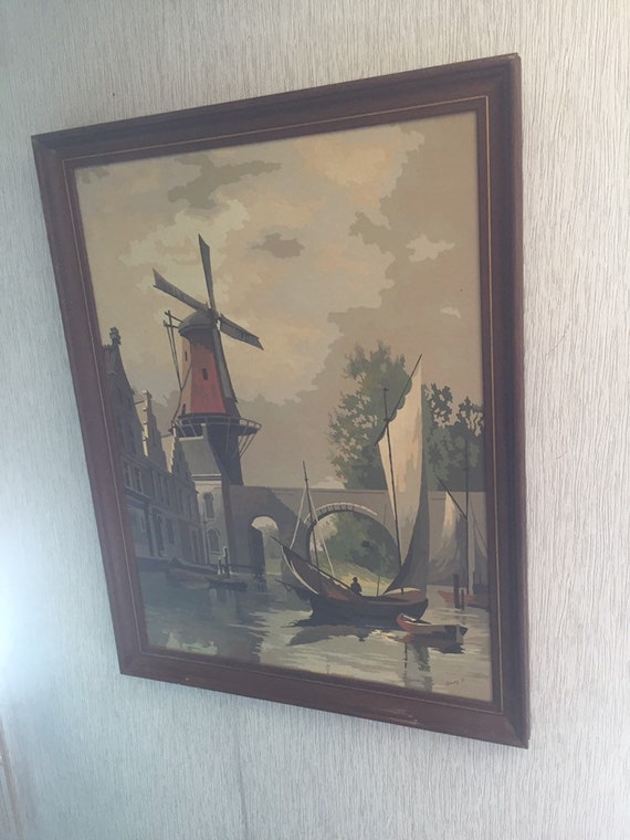 Vintage Color by Numbers Large Painting Windmill Dutch Scene 1960's Signed