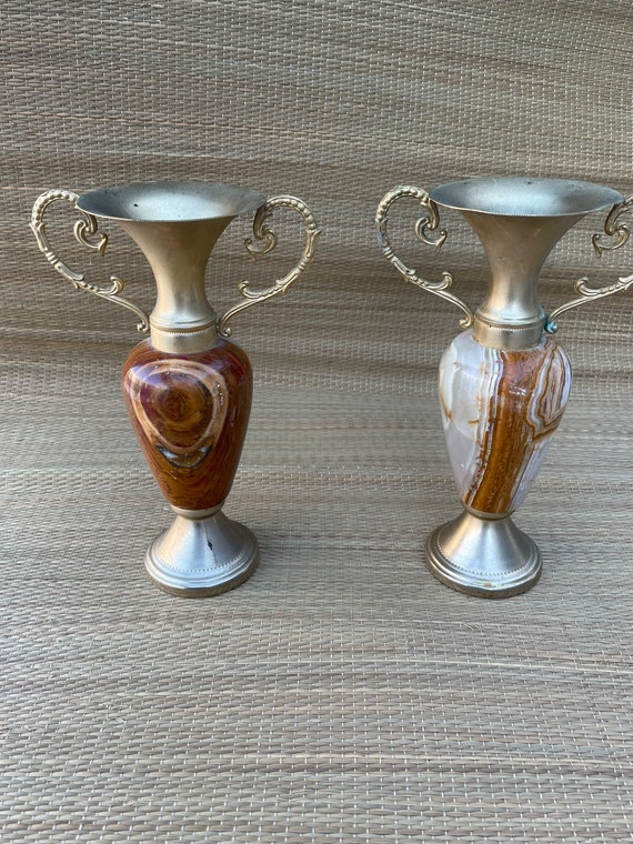 PAIR Vintage Genuine Marbled Italian Onyx & Brass 8.75” Vase