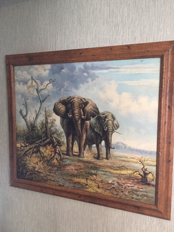 Vintage Framed Original Acrylic Painting African Elephants Signed Rozt Art