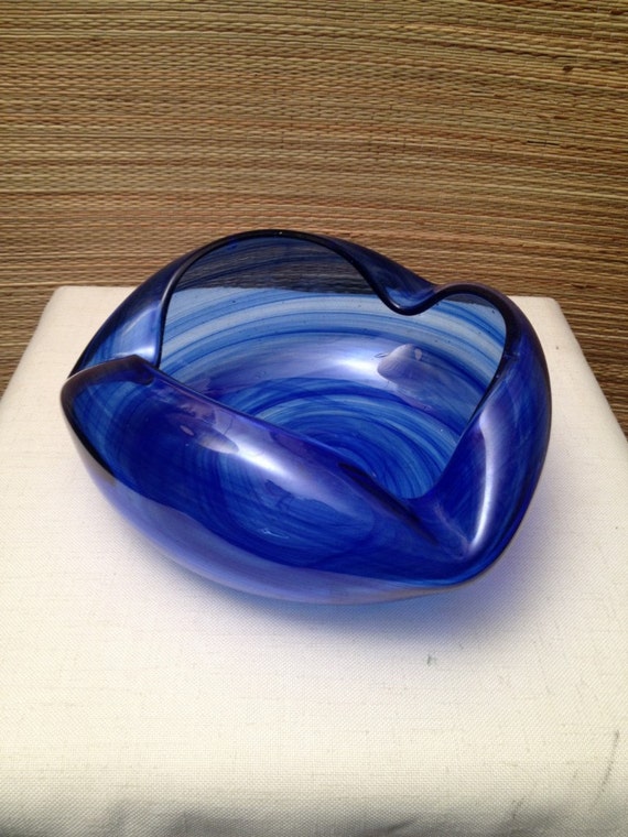 Vintage Hand Blown BLUE Swirl Art Glass Bowl Italy Murano