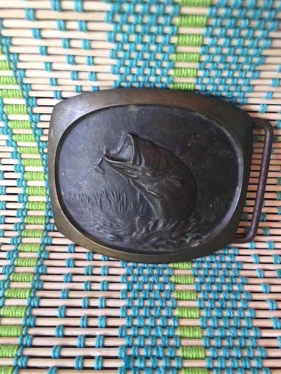 Vintage 1978 Jumping Bass Fish SL Knight Sculpture Fishing solid  Bronze Belt Buckle