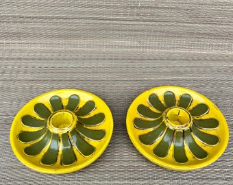Vintage 1970’s Fitz & Floyd Paper Mache Yellow Hand Painted Candle Holders