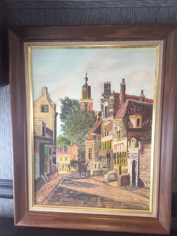 Vintage Original Oil Painting by C. Moore Framed Impressionist Cityscape ART Horse Cart