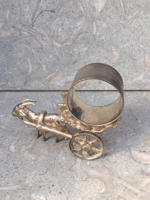 Vintage Victorian Repro Silver Plate Figural Napkin Ring Goat with cart