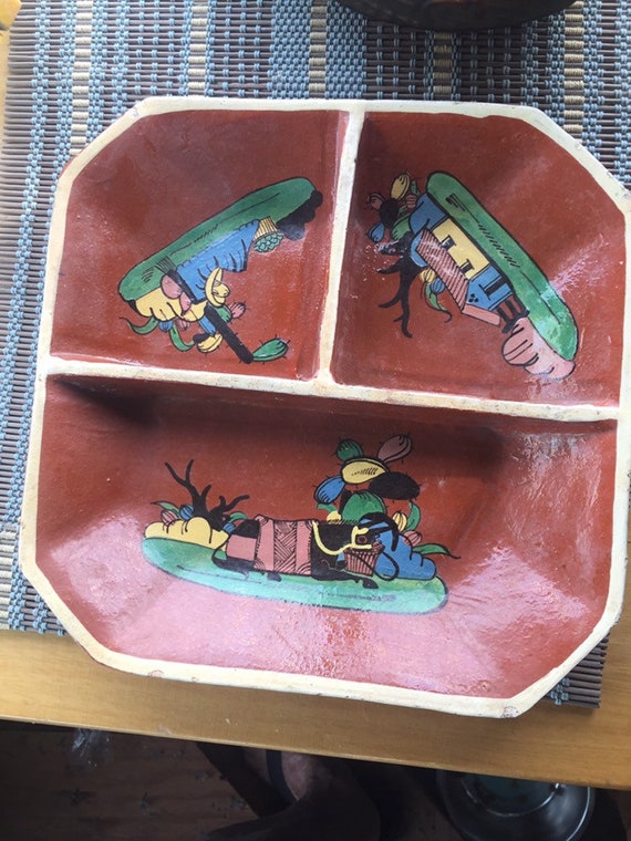 Vintage Mexican Pottery Tlaquepaque Divided Tray Mexico Tourist Folk Art