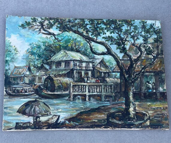 Vintage Impressionist Oil Painting 1960’s B. Boonwongs Boon Art MCM Asian Boats Mid-Century Modern