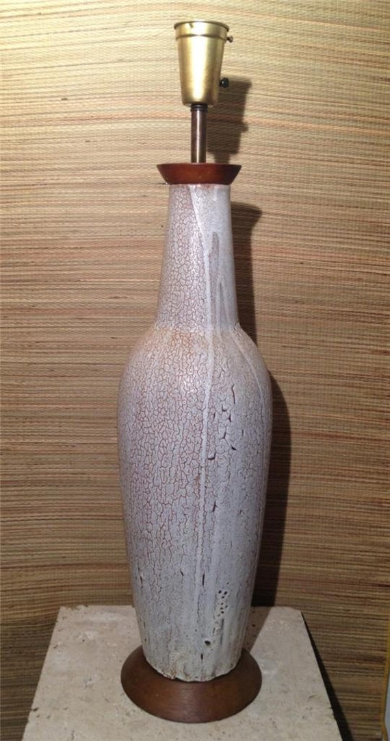 Large Mid-Century Modern  Pottery & Teak Table Lamp Crackle 1960's Gambone Style