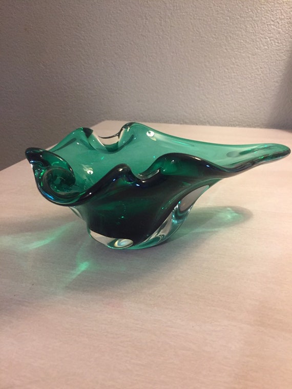 Vintage  Harrach harachov  Art Glass Bowl Heavy green Biomorphic Bohemian